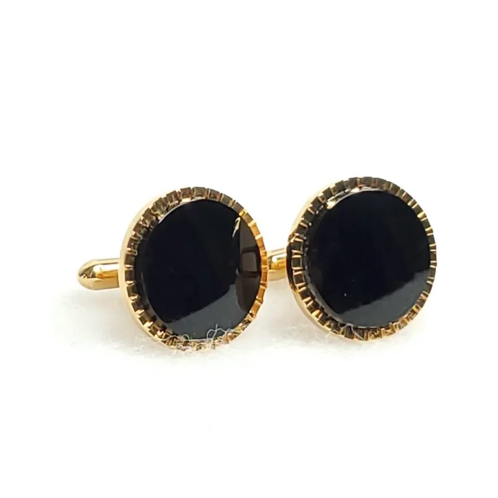 Vintage Lamode Cufflinks Gold Tone Black Round Karatclad